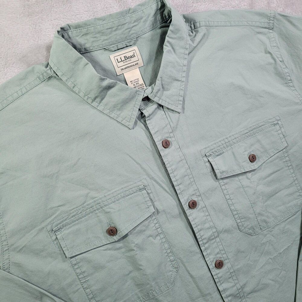L.L.Bean Shirt Mens XL Green Solid Long Sleeve Button Up Stretch Cotton Casual